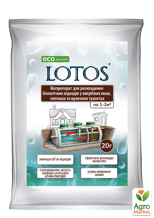 

Биопрепарат для разложения биологических отходов в септиках Lotos (Лотос) ТМ Агрохімпак 20г