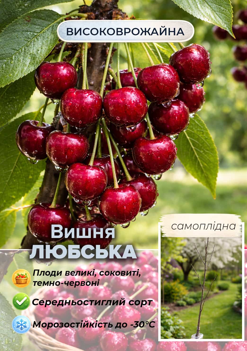 

Эксклюзив! Вишня темно-бордовая Любська (премиальный крупноплодный сорт, неприхотливая)