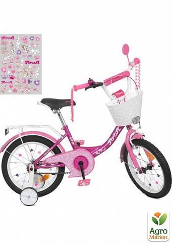 Велосипед детский PROF1 16д. Princess,SKD75,фонарь,звонок,зеркало,доп.кол.,корзина,фуксия (Y1616-1)