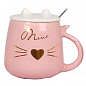Чашка з кришкою і ложкою Cat's style серце золоте на рожевому 460мл (20625)