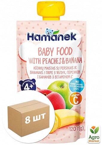 Пюре фруктовое яблоко с персиком и бананом Hamanek, пауч 120г уп 8 шт