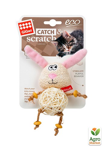 Игрушка для кошек Зайчик с плетеным мячиком и колокольчиком GiGwi Catch&scratch, полиэстер, 10 см (2344) - фото 2