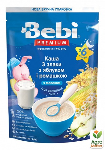 Каша молочная 3 злака с яблоком и ромашкой Bebi Premium, 200 г
