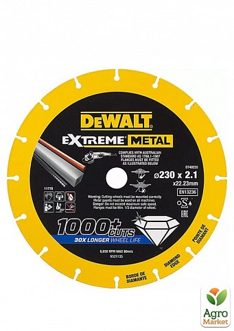 Диск алмазный DeWALT, сталь/алюминий/цветные металлы/арматура/нержавеющая сталь, 230х1.5х22.23 мм DT40255 ТМ DeWALT