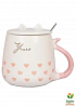 Чашка з кришкою і ложкою Cat's style сердечка рожеві на білому 460мл (20625)